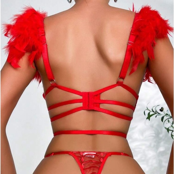 Sexy Red Cabaret Valentine Feather Corset Lingerie Garter Costume - Picture 3 of 13